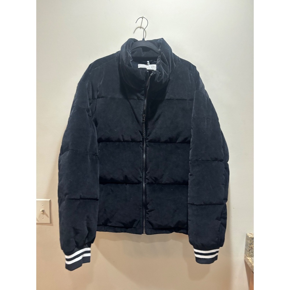 Hudson Mens Black Corduroy Puffer Jacket HDSN‎ Varsity Striped Cuffs 2XL